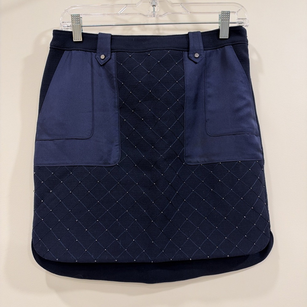 Karen Millen Women's Quilted Short Knee Skirt 6 Navy Blue, Pockets, Studded